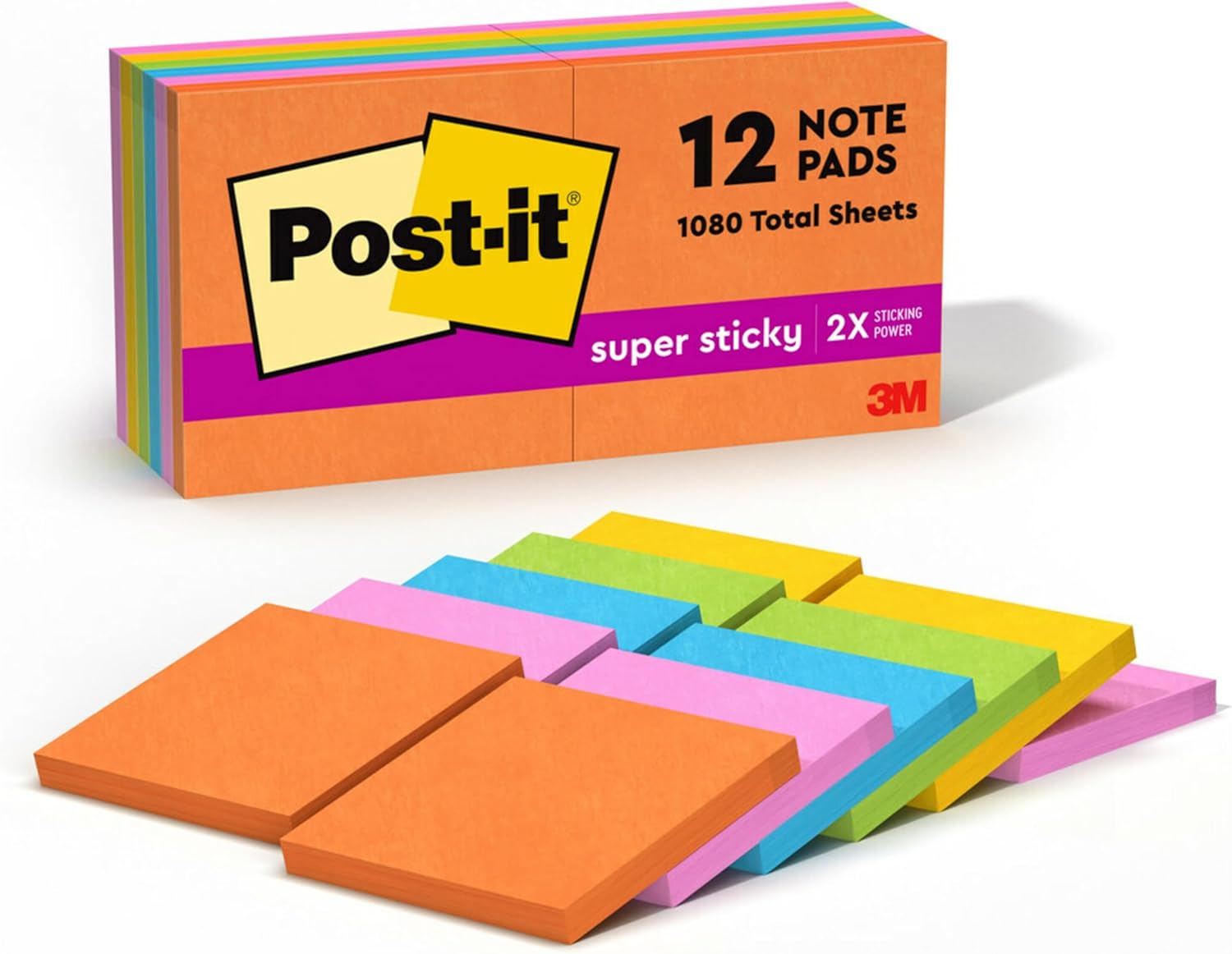 Post-it Super Sticky Notes, 3x3 in, 12 Pads, 2X The Sticking Power, Energy Boost Collection, Bright Colors (Orange, Pink