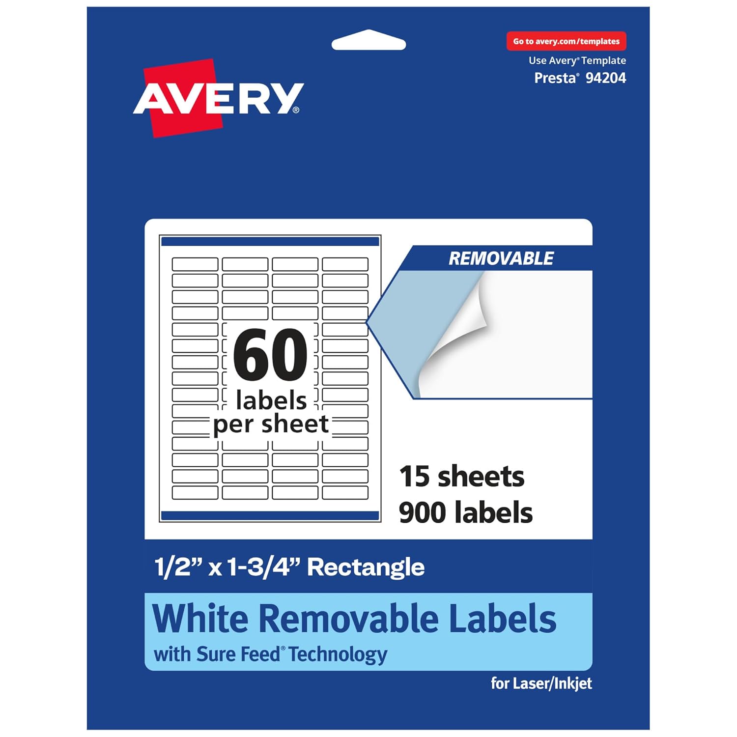 Avery Matte White Removable Rectangle Labels, Sure Feed Technology, Print-to-The-Edge, 0.5" x 1.75", 900 Removable Labels