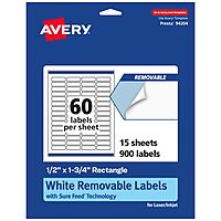 Avery Matte White Removable Rectangle Labels, Sure Feed Technology, Print-to-The-Edge, 0.5" x 1.75", 900 Removable Labels, Laser/Inkjet Printable 900 labels