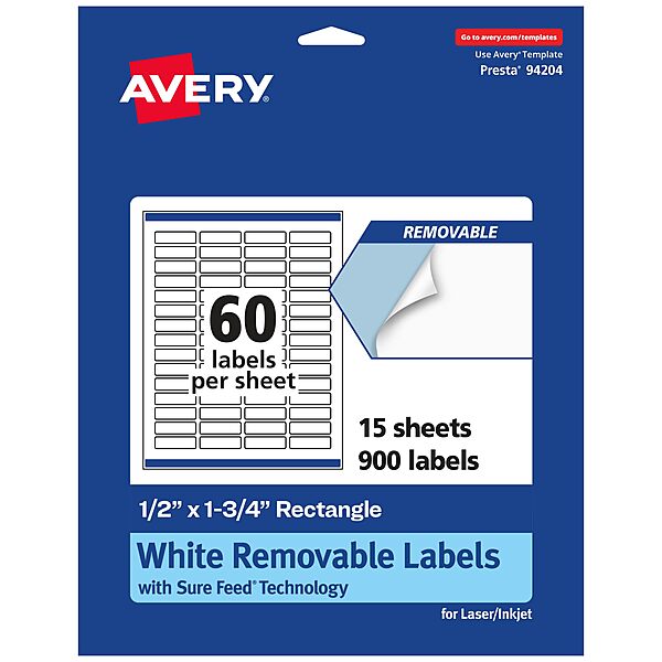 Avery Matte White Removable Rectangle Labels, Sure Feed Technology, Print-to-The-Edge, 0.5" x 1.75", 900 Removable Labels, Laser/Inkjet Printable 900 labels
