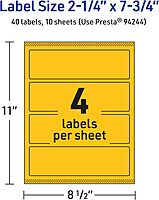 Avery Printable Rectangle Labels, Sure Feed Technology, 2-1/4" x 7-3/4", Bright Yellow, Print-to-The-Edge