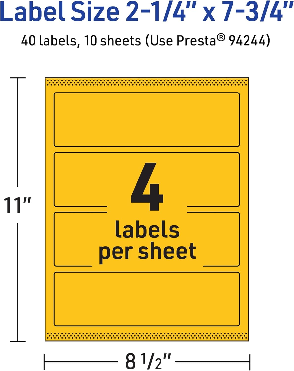 Avery Printable Rectangle Labels, Sure Feed Technology, 2-1/4" x 7-3/4", Bright Yellow, Print-to-The-Edge