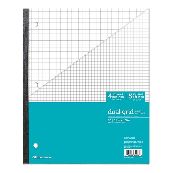 Office Depot Brand Wireless Notebook, 8-1/2in x 11in, 1 Subject, Dual-Sized Quadrille Ruled (4in x 4in, 5in x 5in), 80 Sheets, Teal/White