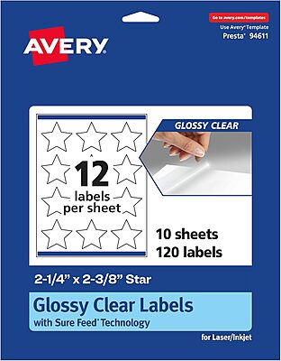 Avery Glossy Clear Star Labels, Sure Feed Technology, 2-1/4" x 2-3/8", Print-to-The-Edge, Laser/Inkjet Printable