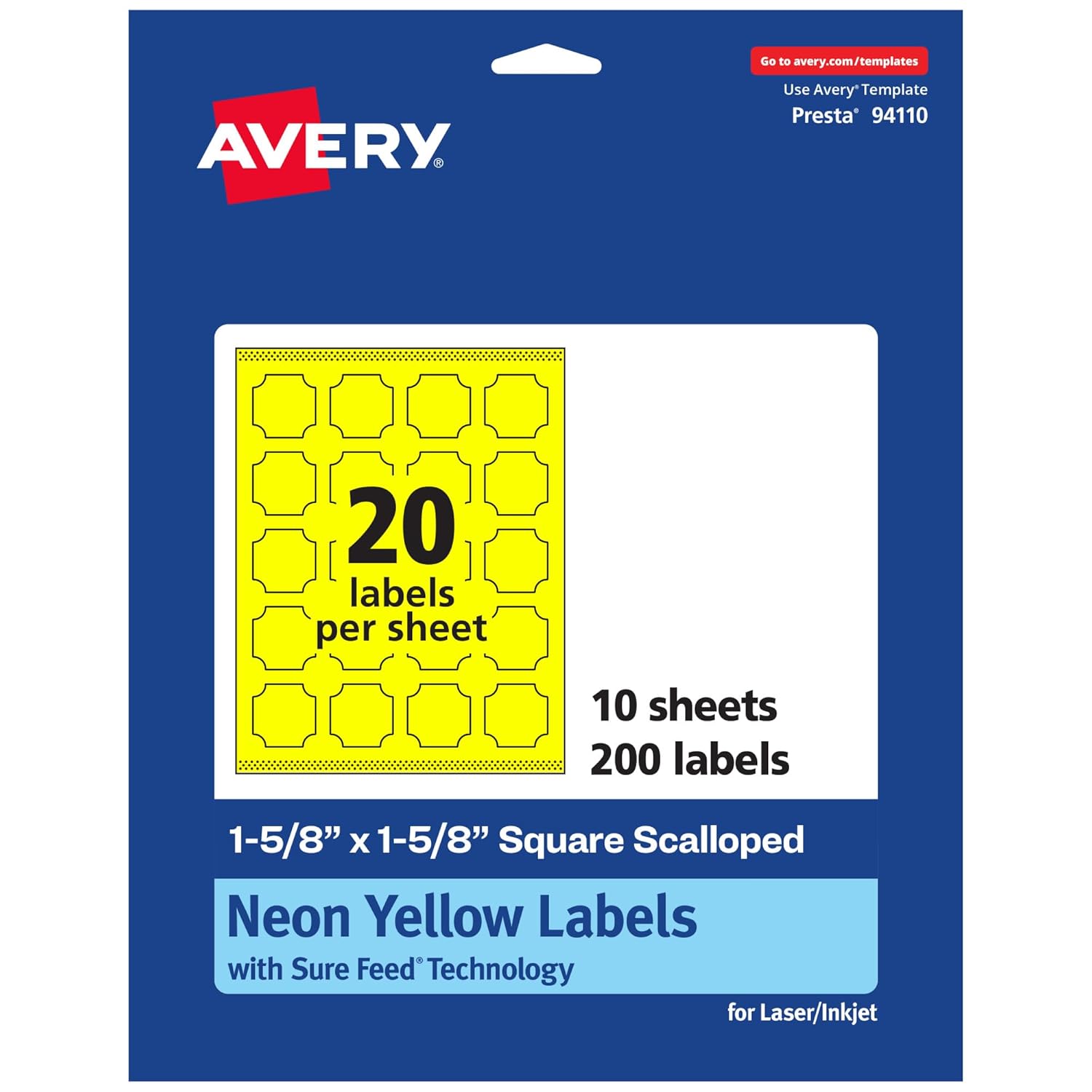 Avery Printable Square Scalloped Labels, Sure Feed Technology, 1-5/8" x 1-5/8", Neon Yellow, Print-to-the-Edge