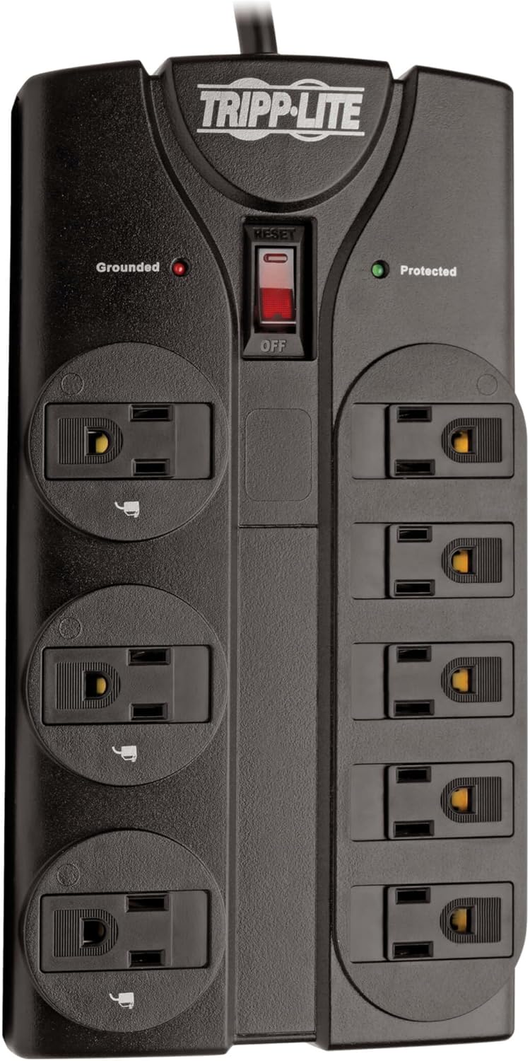 Tripp Lite TLP808B 8 Outlet Surge Protector Power Strip, 8ft Cord Right Angle Plug, Black, Lifetime Insurance