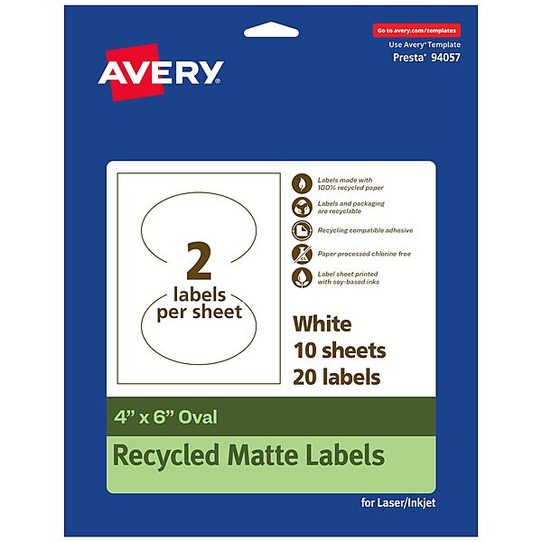 AVERY EcoFriendly Matte White Recycled Oval Labels, 4" x 6", Print-to-The-Edge, Permanent Adhesive, Laser/Inkjet Printable