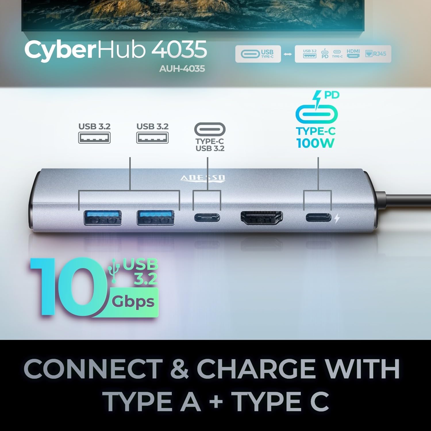Adesso AUH-4035 7 in 1 Docking Station, Supports USB C to x1 4K HDMI, 3X USB-A 3.2, 1x PD, 1x Micro SD, 1x SD Card