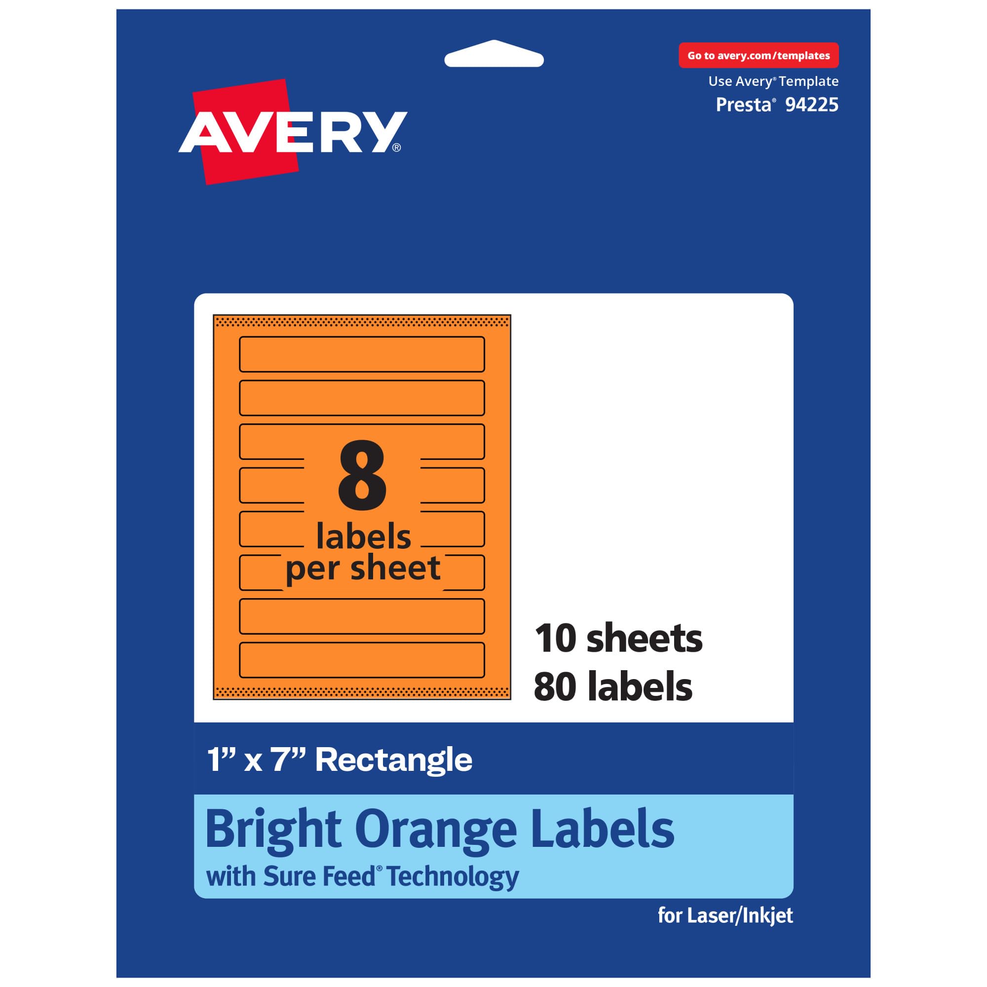 Avery Printable Rectangle Labels, Sure Feed Technology, 1" x 7", Bright Orange, Print-to-The-Edge, Laser/Inkjet Printable