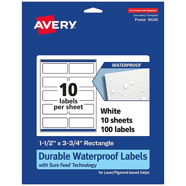 AVERY Durable Waterproof Rectangle Labels, Sure Feed Technology, 1.5 x 3.75