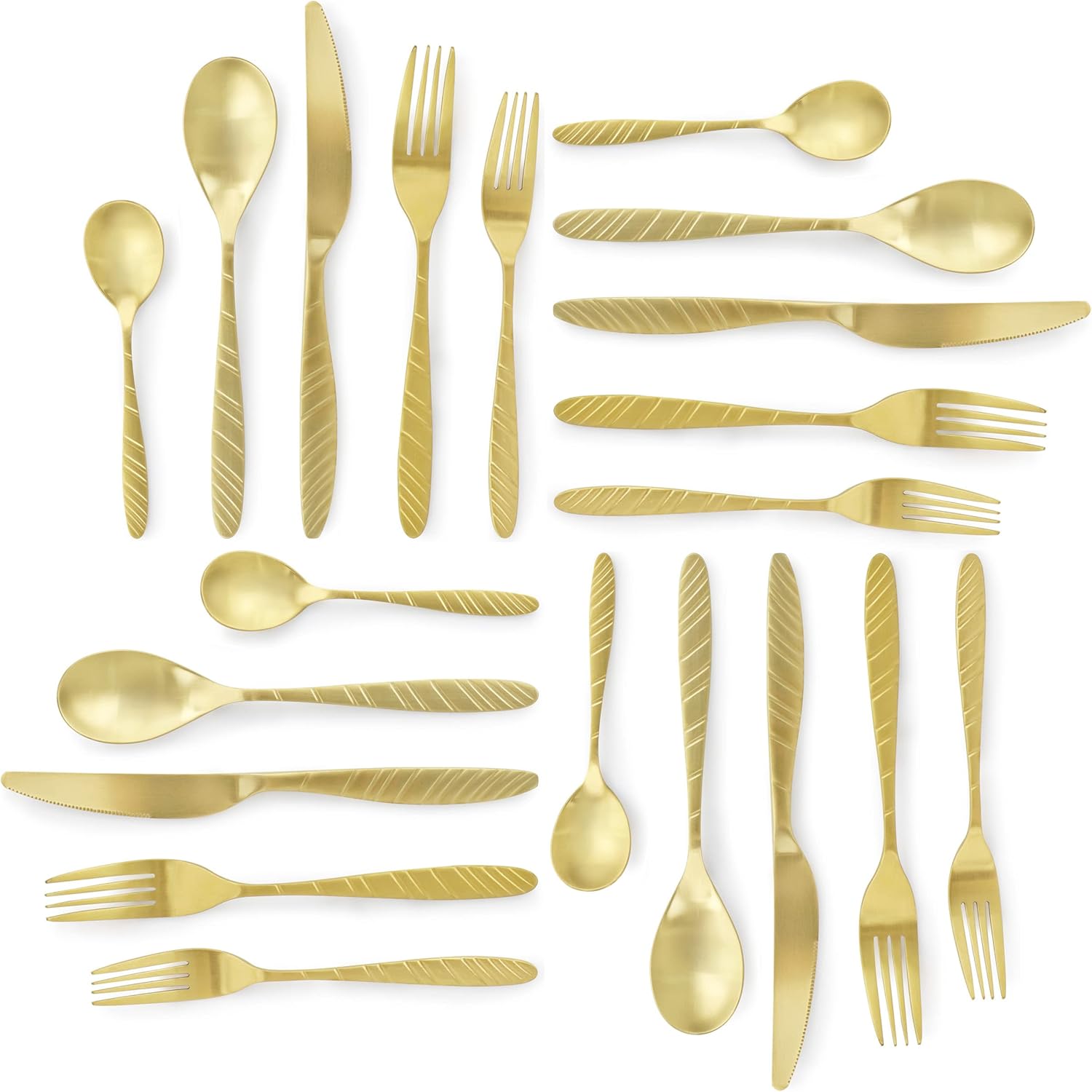 MegaChef La Vague 20 Piece Flatware Utensil Set, Stainless Steel Silverware Metal Service for 4 in Matte Gold