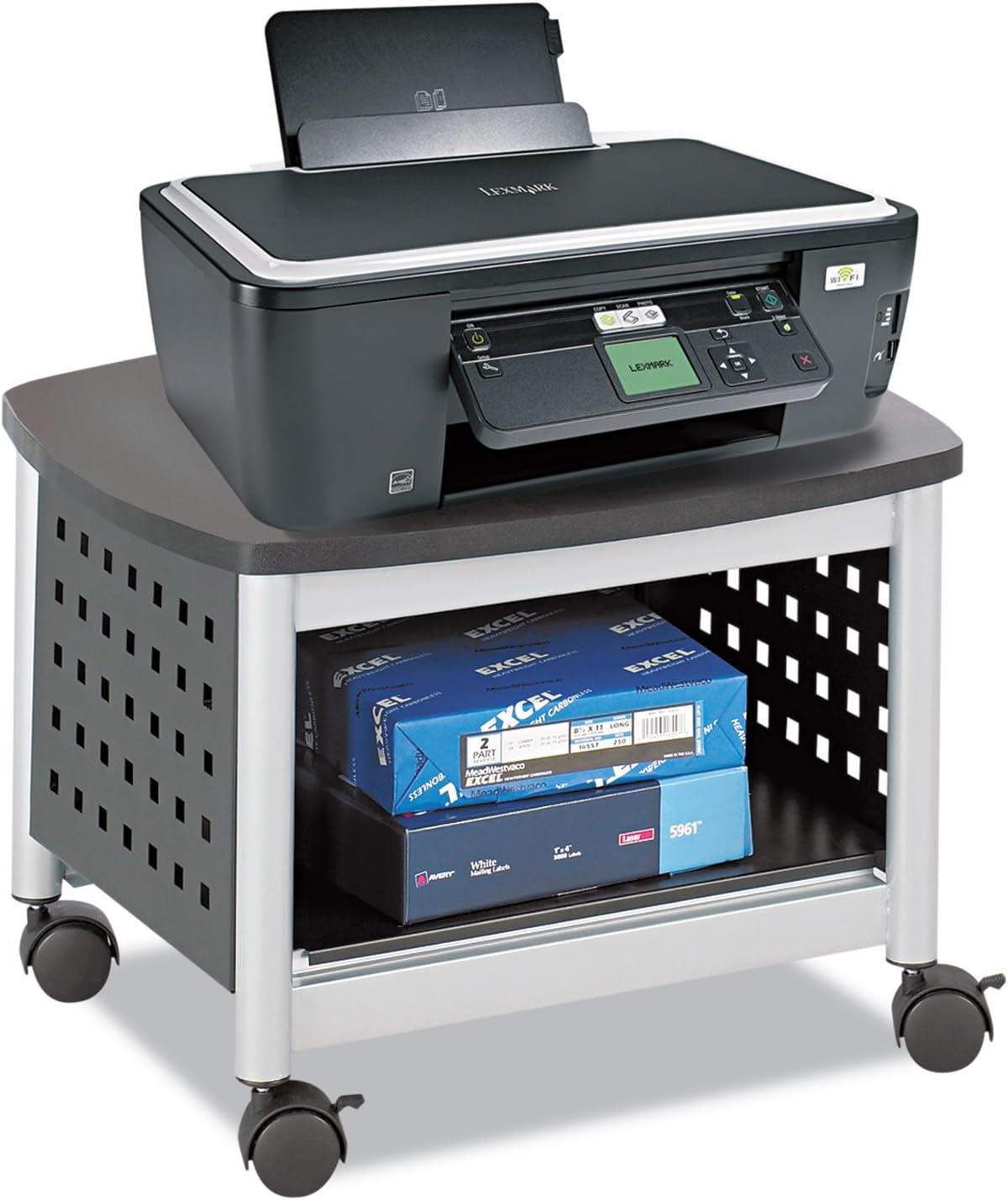 Safco Scoot Under-Desk Printer Stand, 14-1/2inH x 20-1/4inW x 16-1/2inD, Black/Silver