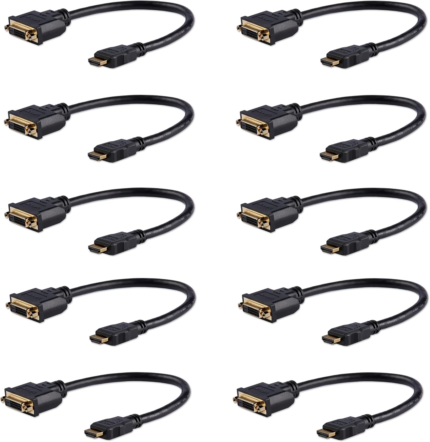StarTech.com 8 in (20cm) HDMI to DVI Adapter, DVI-D to HDMI (1920x1200p), 10 Pack, HDMI Male to 24 Pin DVI-D Female