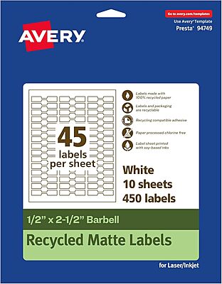 Avery EcoFriendly Matte White Recycled Barbell Labels 0.5 x 2.5