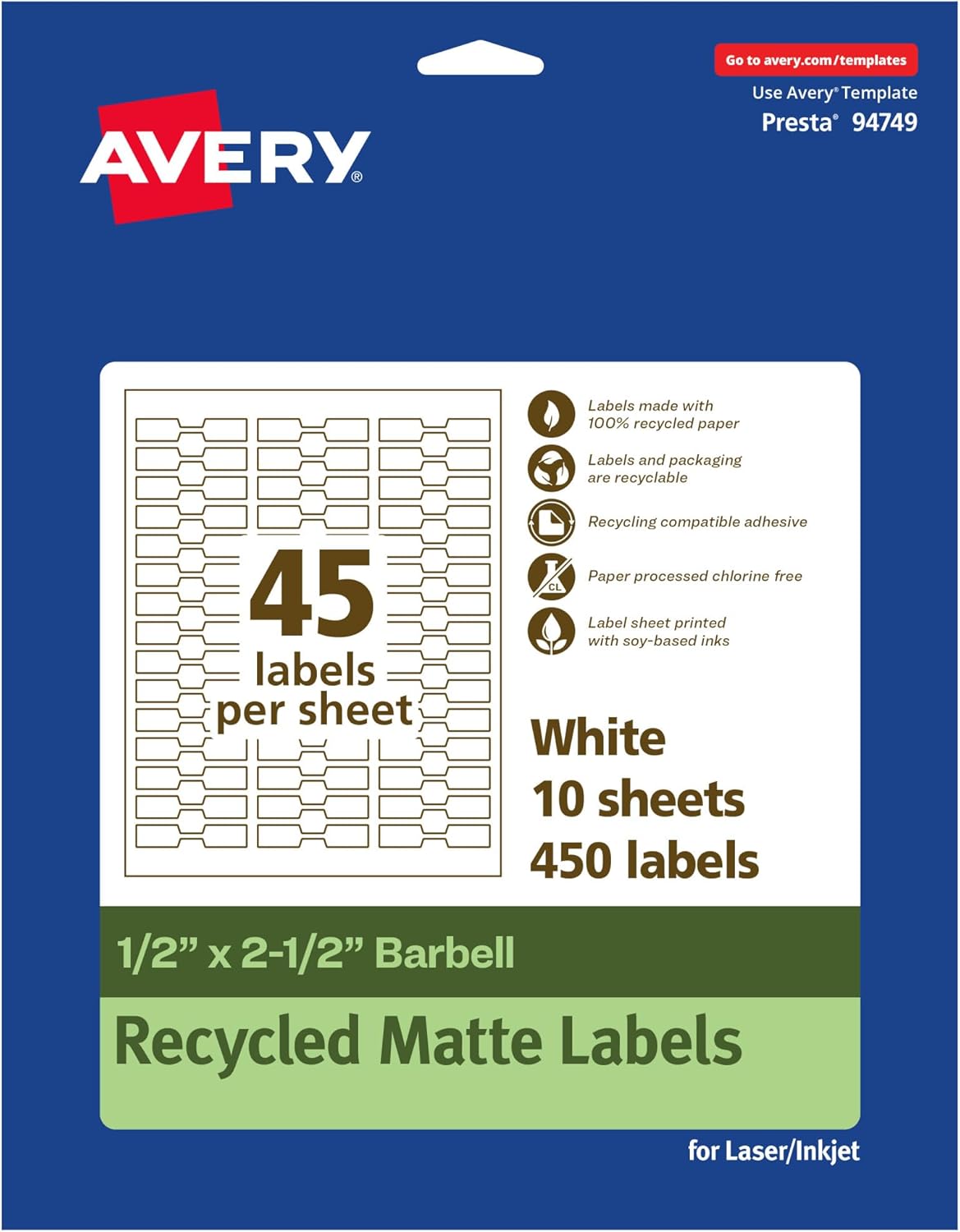 Avery EcoFriendly Matte White Recycled Barbell Labels 0.5 x 2.5