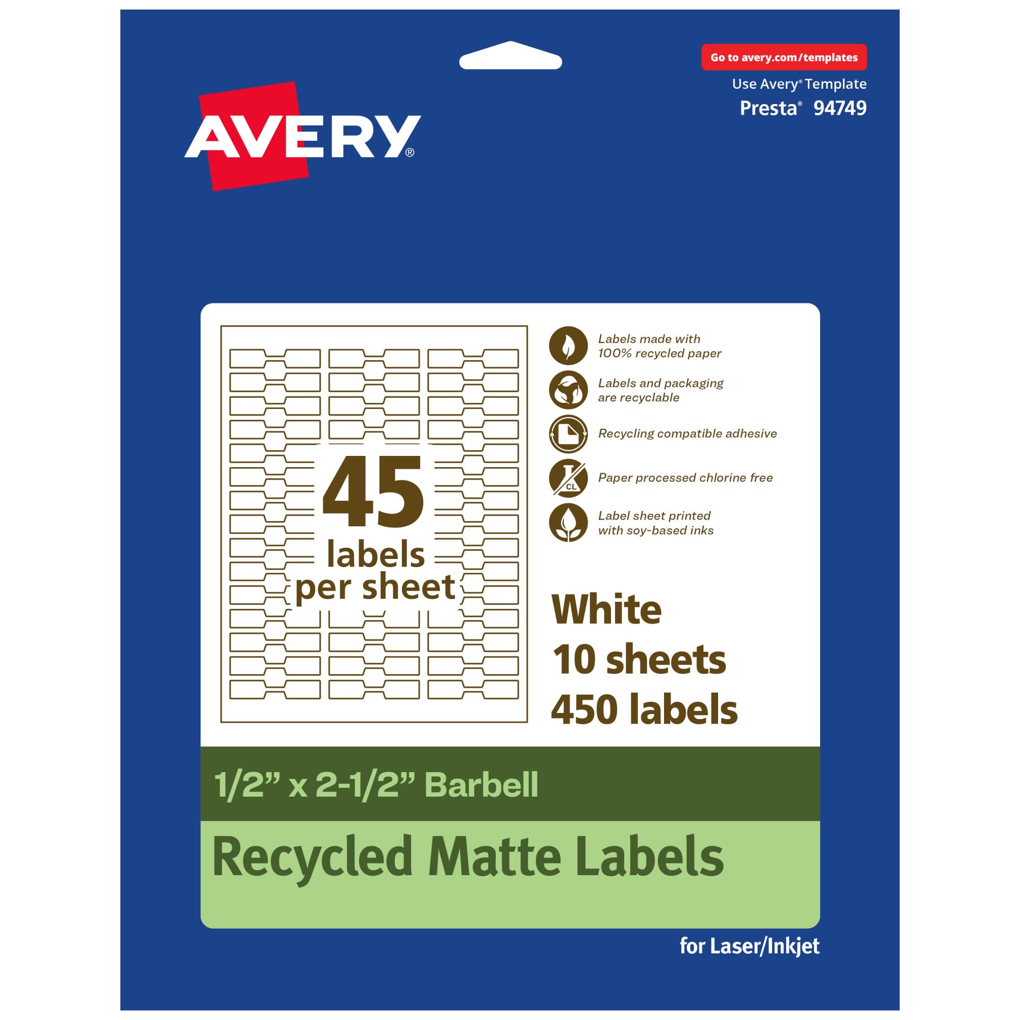 Avery EcoFriendly Matte White Recycled Barbell Labels 0.5 x 2.5