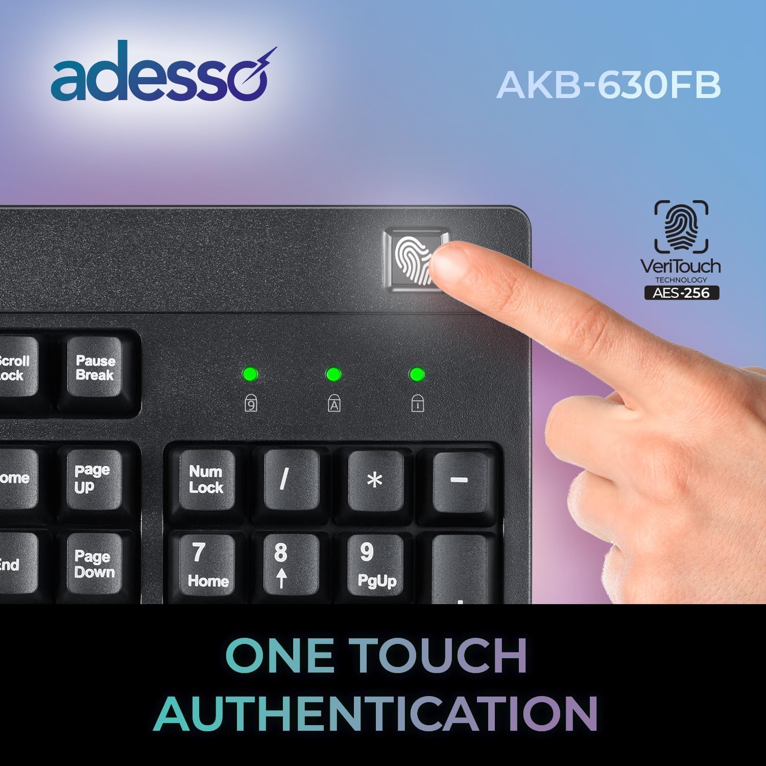 Adesso TAA Compliant Fingerprint Keyboard with AES 256 Encryption USB Wired Full Size 104 Key Layout Windows Hello