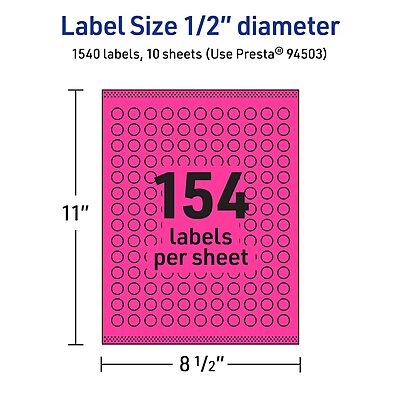 AVERY Printable Round Labels, Sure Feed Technology, 1/2" Diameter, Neon Magenta, Print-to-The-Edge, Laser/Inkjet