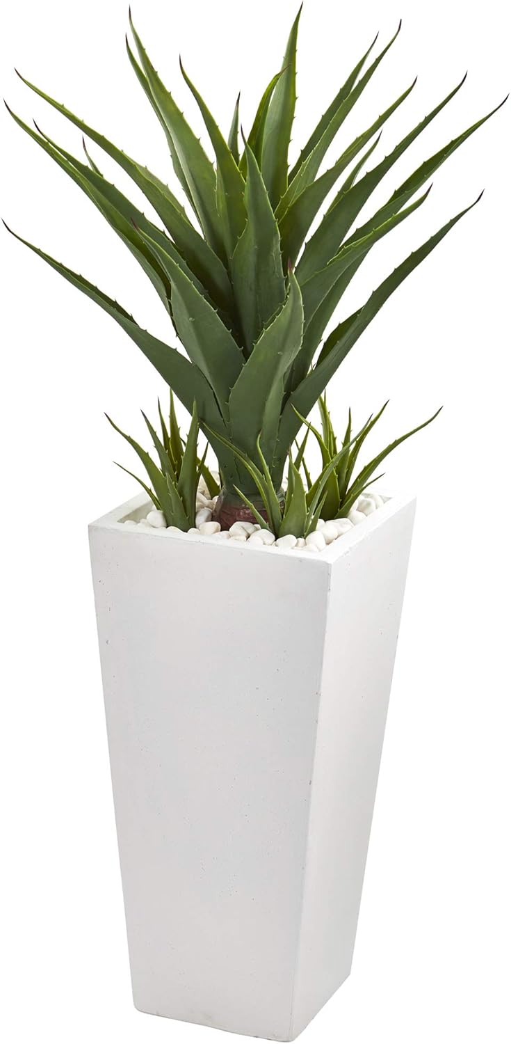 Nearly Natural 40” Spiky Agave Artificial White Planter Silk Plants, Green, 16x16x40