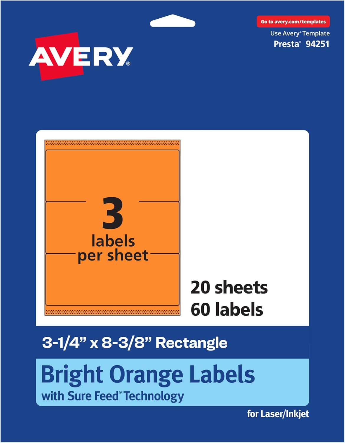 Avery Bright Orange Rectangle Labels 3-1/4" x 8-3/8"