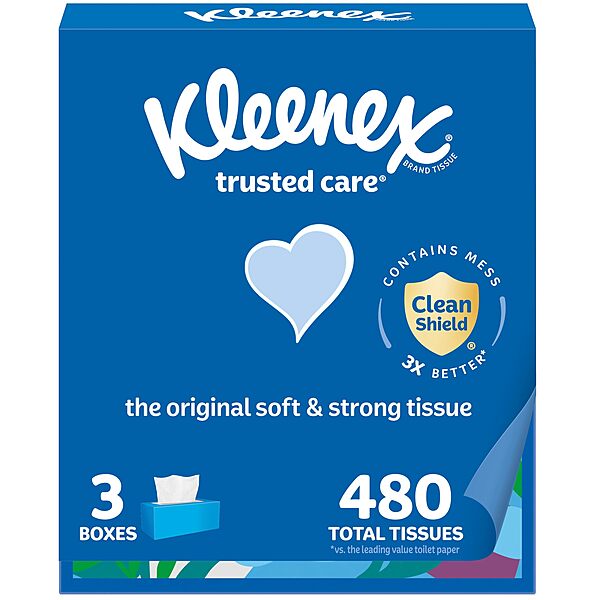 Kleenex Trusted Care Facial Tissues, 3 Flat Boxes, 160 Tissues per Box, 2-Ply (480 Total), Packaging May Vary White 160 Tissues (Pack of 3)