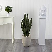 Nearly Natural 40-in Artificial Tall Snake Plant Sansevieria, Faux Snake Plant for Indoor Home Decor in Sand Colored Planter Planter, Fake Plant for Office, Living Room, Bedroom