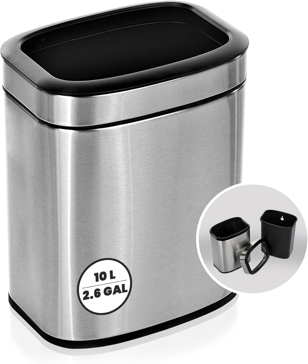 Alpine 10 Liter Small Bathroom Trash Can No Lid - Open Top Stainless Steel Bathroom Trash Can 2.6 Gallon