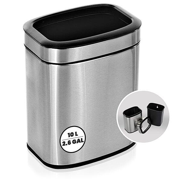 Alpine 10 Liter Small Bathroom Trash Can No Lid - Open Top Stainless Steel Bathroom Trash Can 2.6 Gallon, Slim Silver Trashcans for Bedroom, Office, Desk, Kitchen with Removable Bin for Easy Disposal