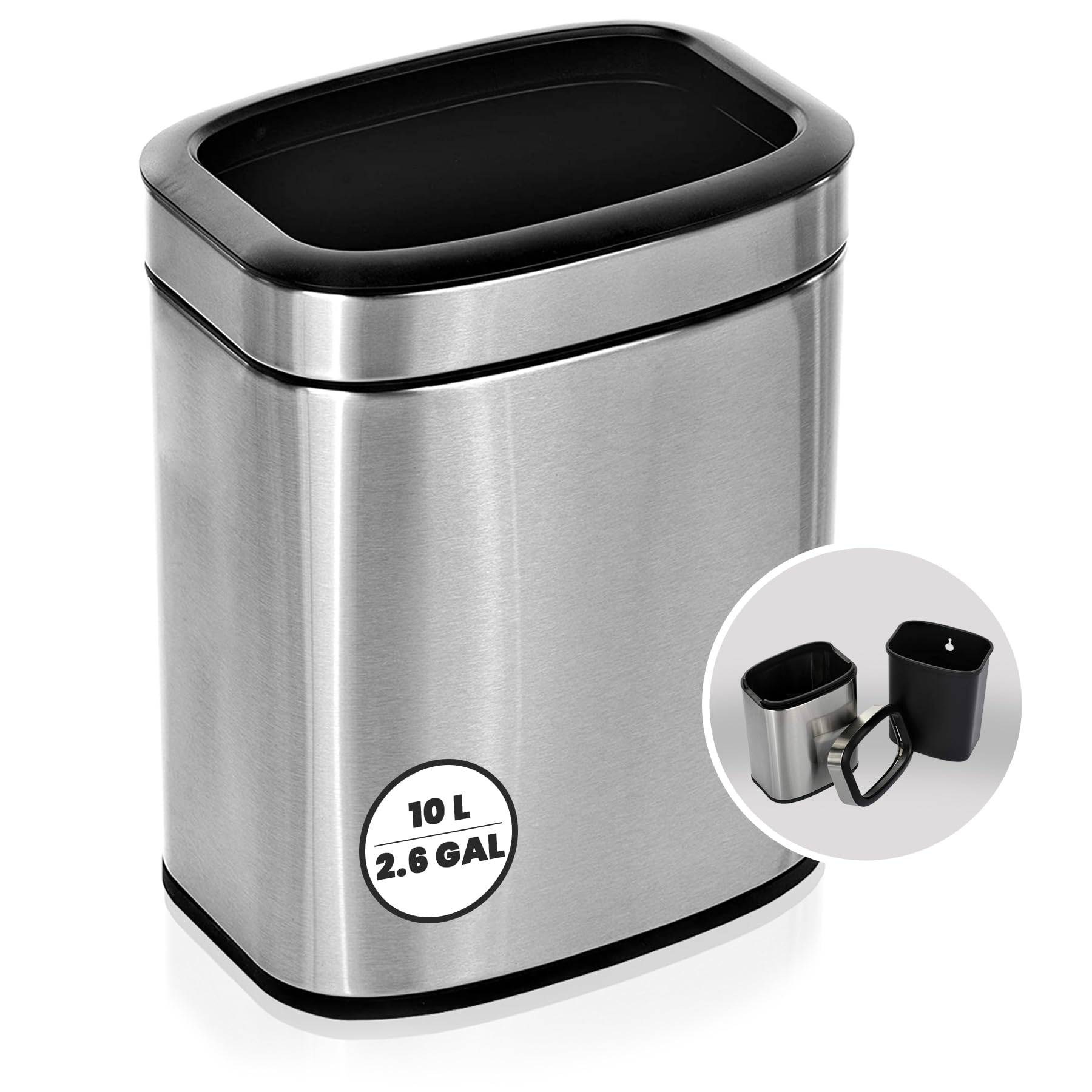 Alpine 10 Liter Small Bathroom Trash Can No Lid - Open Top Stainless Steel Bathroom Trash Can 2.6 Gallon