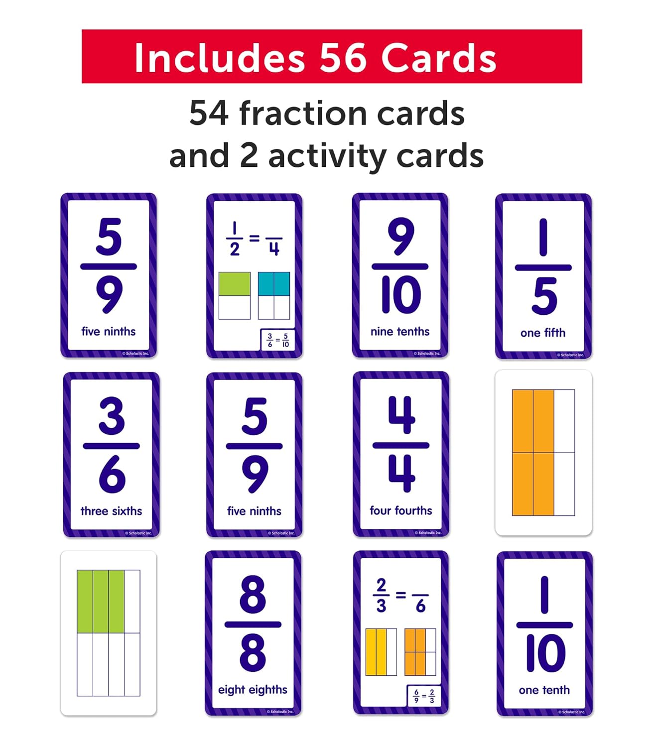Scholastic Fractions Flash Cards, 6-5/16inH x 3-7/16inW, 2nd Grade, Pack Of 56 Cards