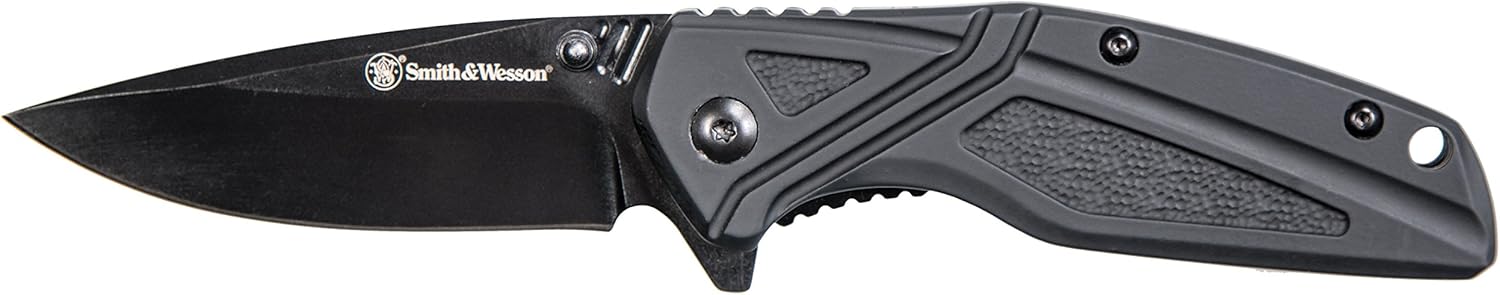 Smith & Wesson SW1101 6.89in Stainless Steel Folding Knife with 3in Drop Point Blade and Rubberized Handle for Outdoor