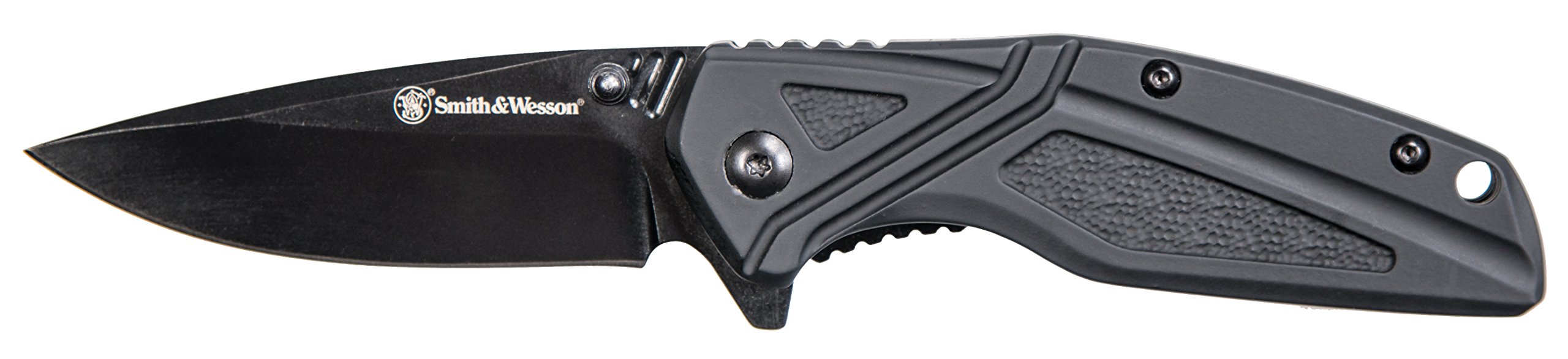 Smith & Wesson SW1101 6.89in Stainless Steel Folding Knife with 3in Drop Point Blade and Rubberized Handle for Outdoor