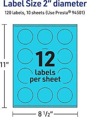 Avery Printable Round Labels, Sure Feed Technology, 2" Diameter, Bright Blue Labels, Print-to-The-Edge, Laser/Inkjet Printable, 120 Total
