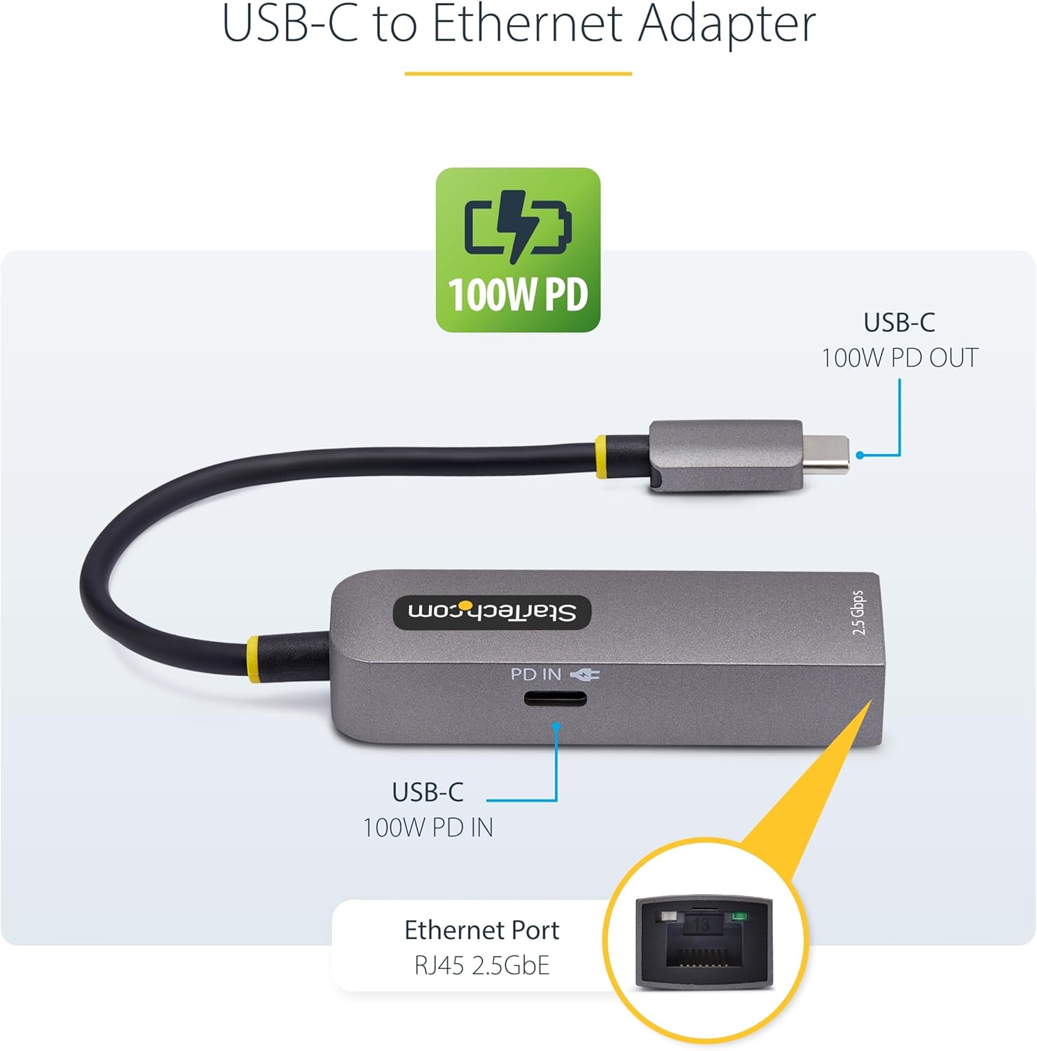 StarTech.com 2.5GbE USB-C to Ethernet Adapter, 100W PD Pass-Through, NBASE-T NIC, USB 3.0 Type-C 2.5G Multi Speed Network