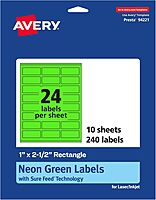 Avery Printable Rectangle Labels, Sure Feed Technology, 1\" x 2-1/2\", Neon Green, Laser/Inkjet Printable