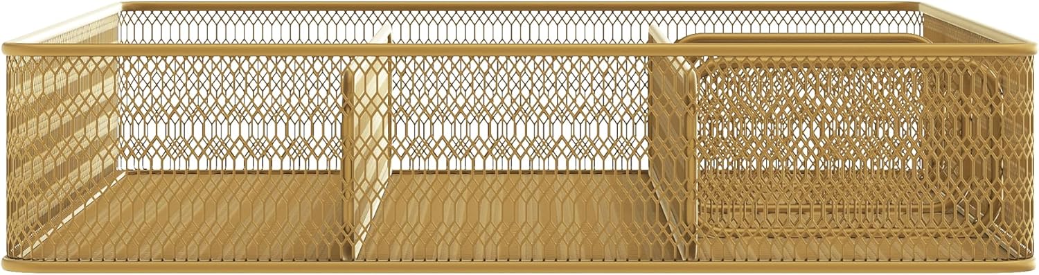 Martha Stewart Ryder Mesh Metal 6-Compartment Larger Desk Drawer Organizer, 2-1/4inH x 14-3/4inW x 12-1/4inD, Gold