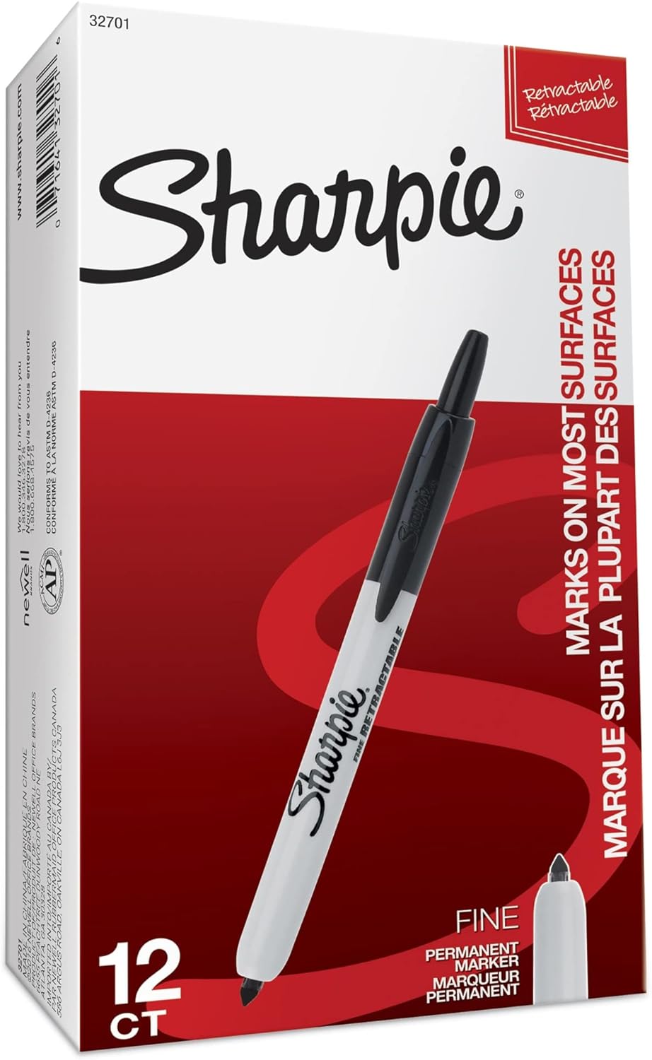 Sharpie Retractable Permanent Markers, Fine Point, Black, Box Of 12