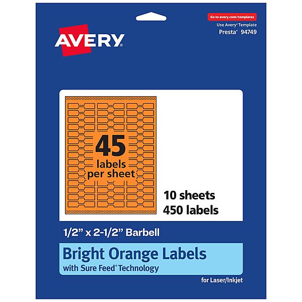Avery Printable Barbell Labels, Sure Feed Technology, 1/2" x 2-1/2", Bright Orange Labels, Laser/Inkjet Printable, 450 Total