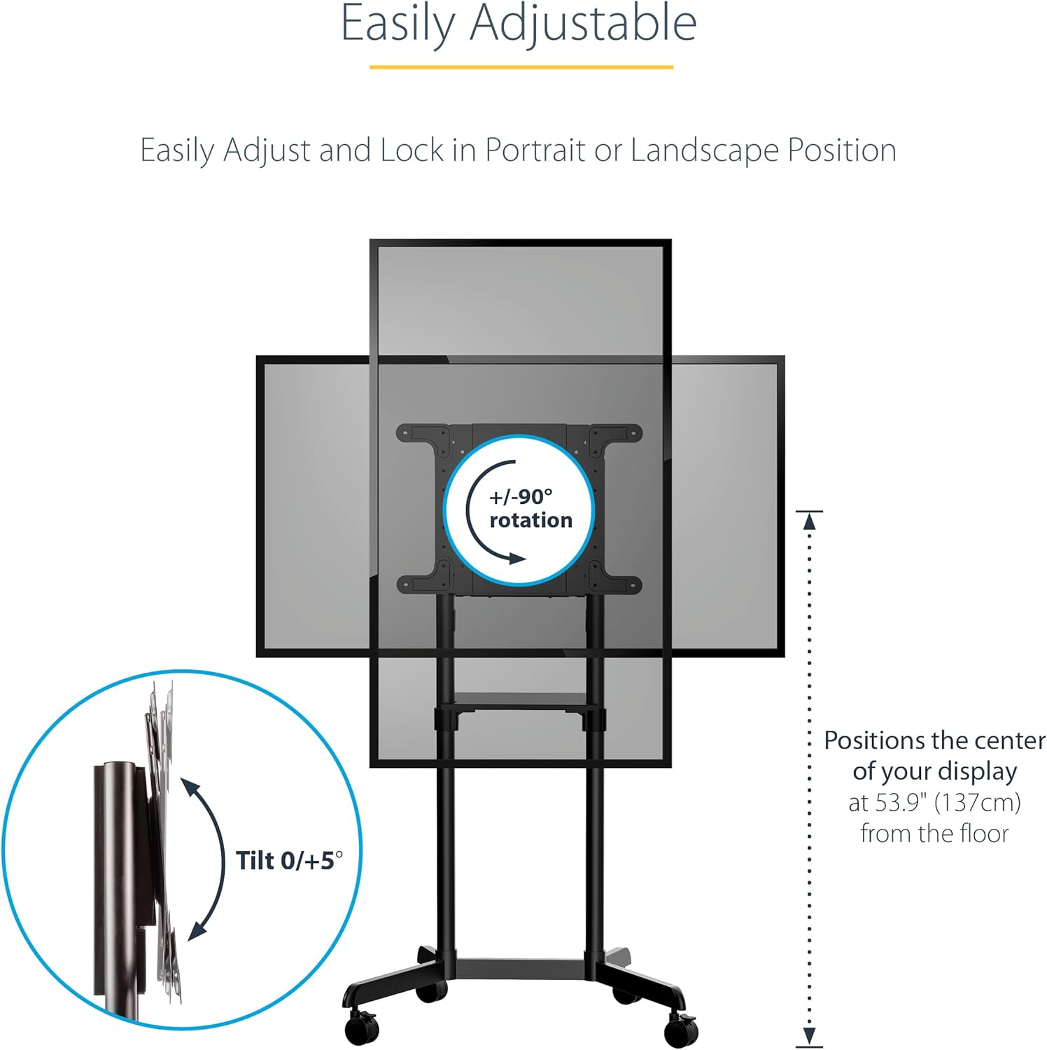 StarTech.com Mobile TV Cart - Portable Rolling TV Stand for 37-70" VESA Display (154lb/70kg)