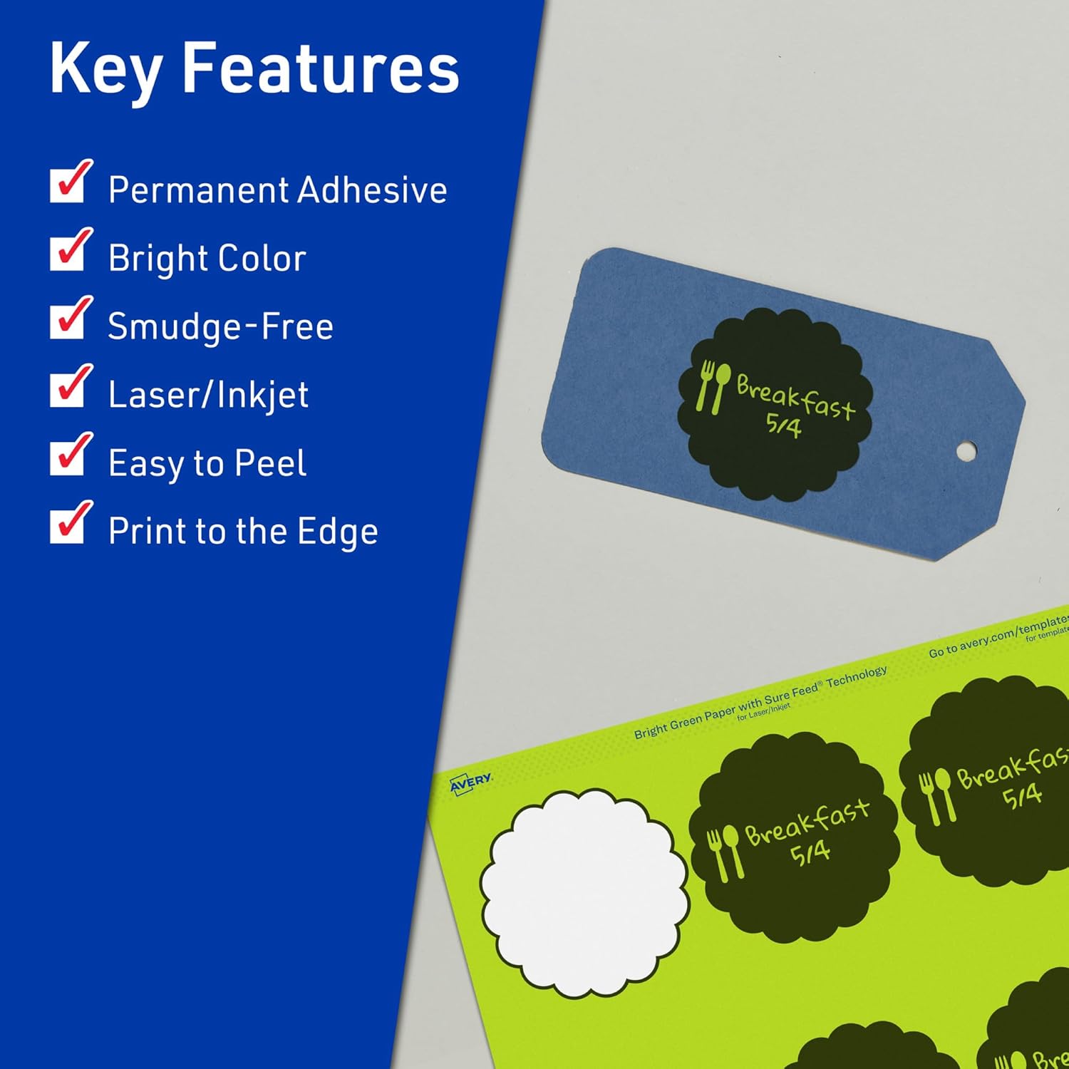 Avery Printable Round Scalloped Labels, 2-1/2" Diameter, Bright Green, Sure Feed