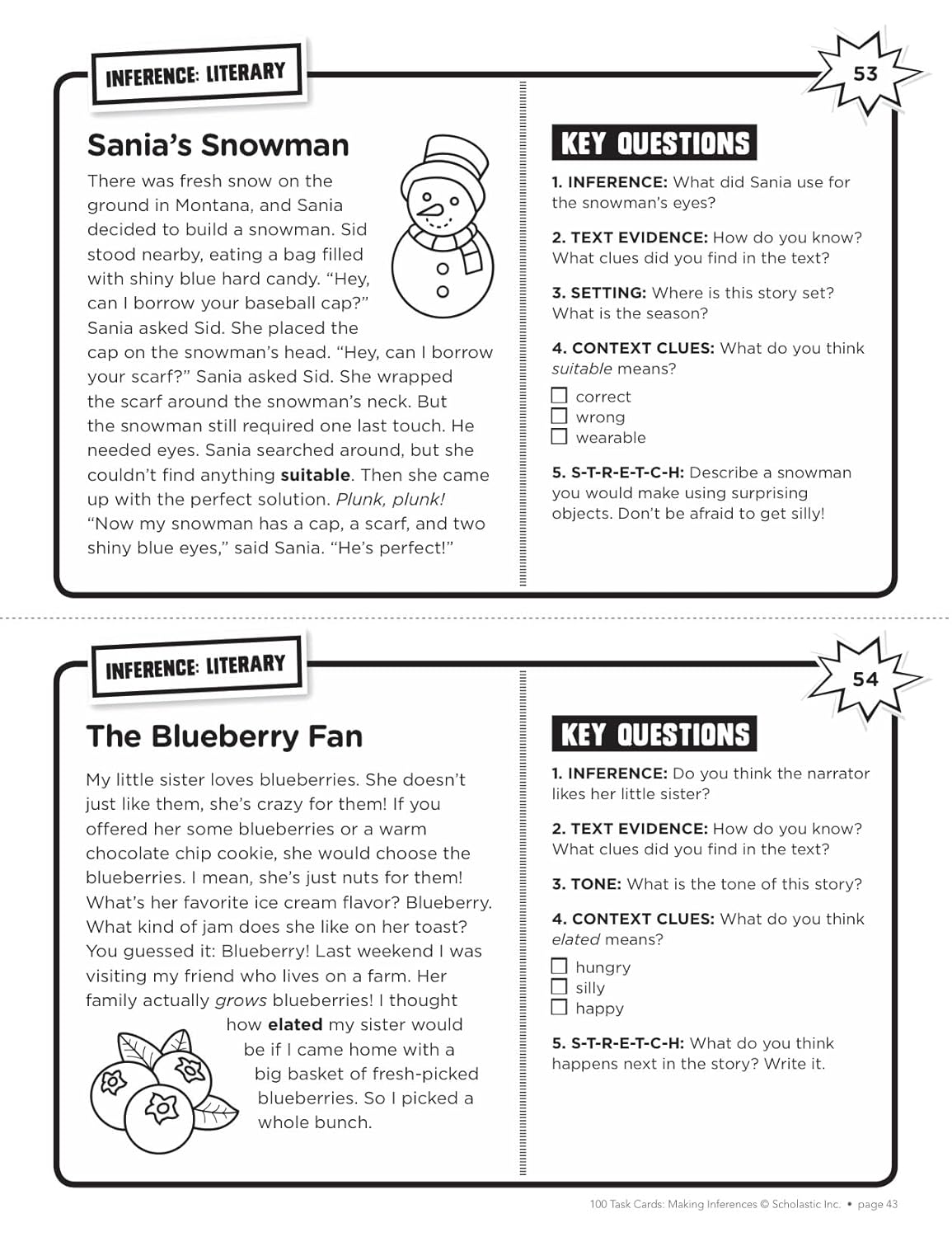 100 Task Cards: Making Inferences: Reproducible Mini-Passages With Key Questions to Boost Reading Comprehension Skills