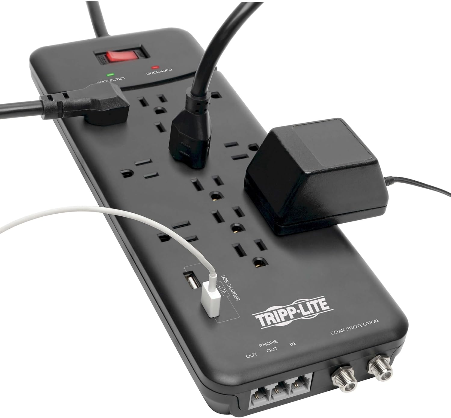 TRIPP LITE 12-Outlet Surge Protector Power Strip with Tel/Modem Protection, 8 ft Right-Angle Cord