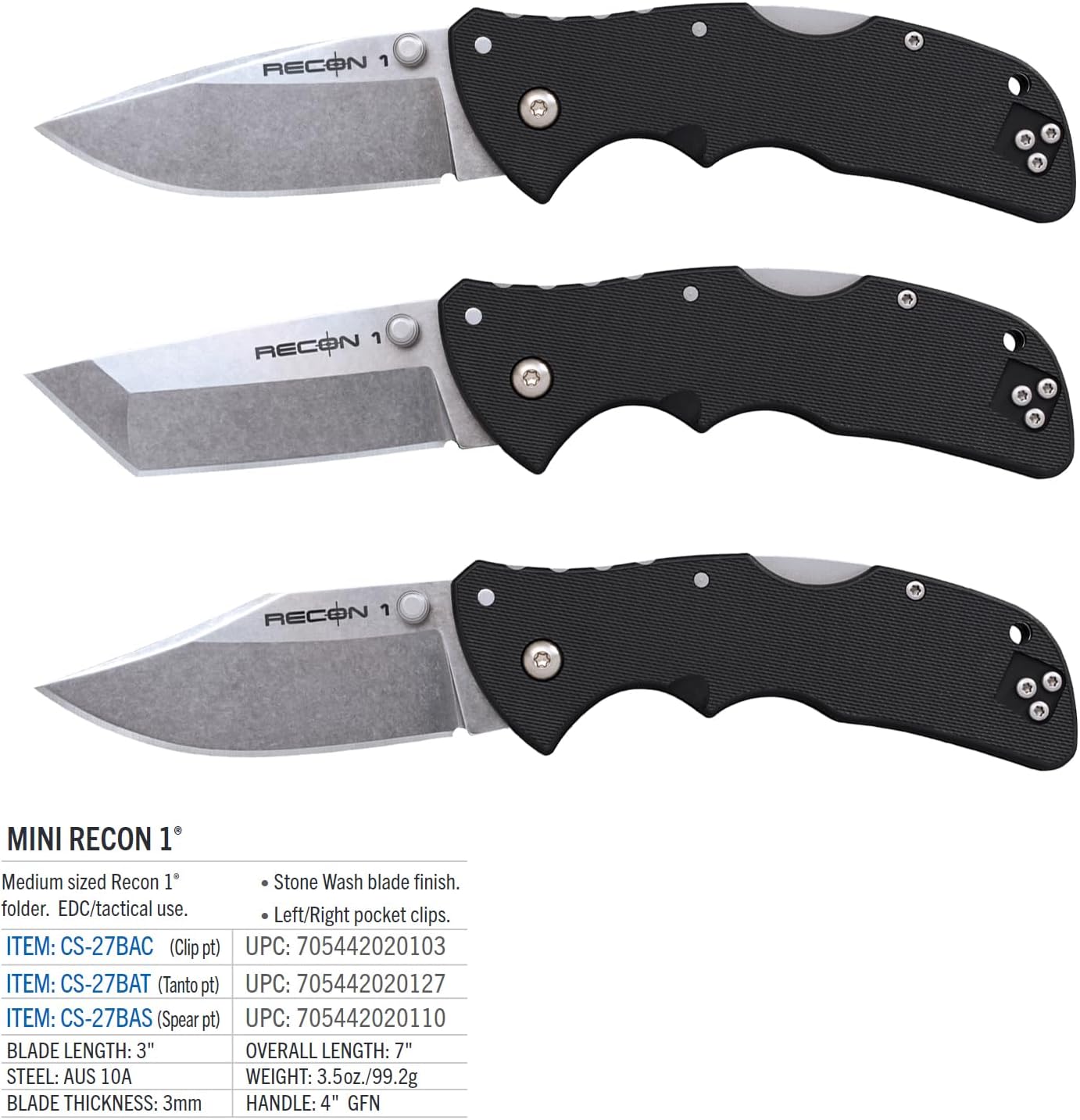 Cold Steel Mini Recon 1 3" AUS10A Folding Knife with 4" GFN Handle & Tri-Ad Lock