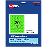 Avery Printable Round Labels, Sure Feed Technology, 1-2/3" Diameter, Neon Green Labels, Print-to-The-Edge