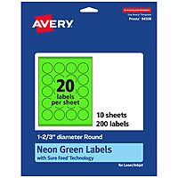 Avery Printable Round Labels, Sure Feed Technology, 1-2/3" Diameter, Neon Green Labels, Print-to-The-Edge
