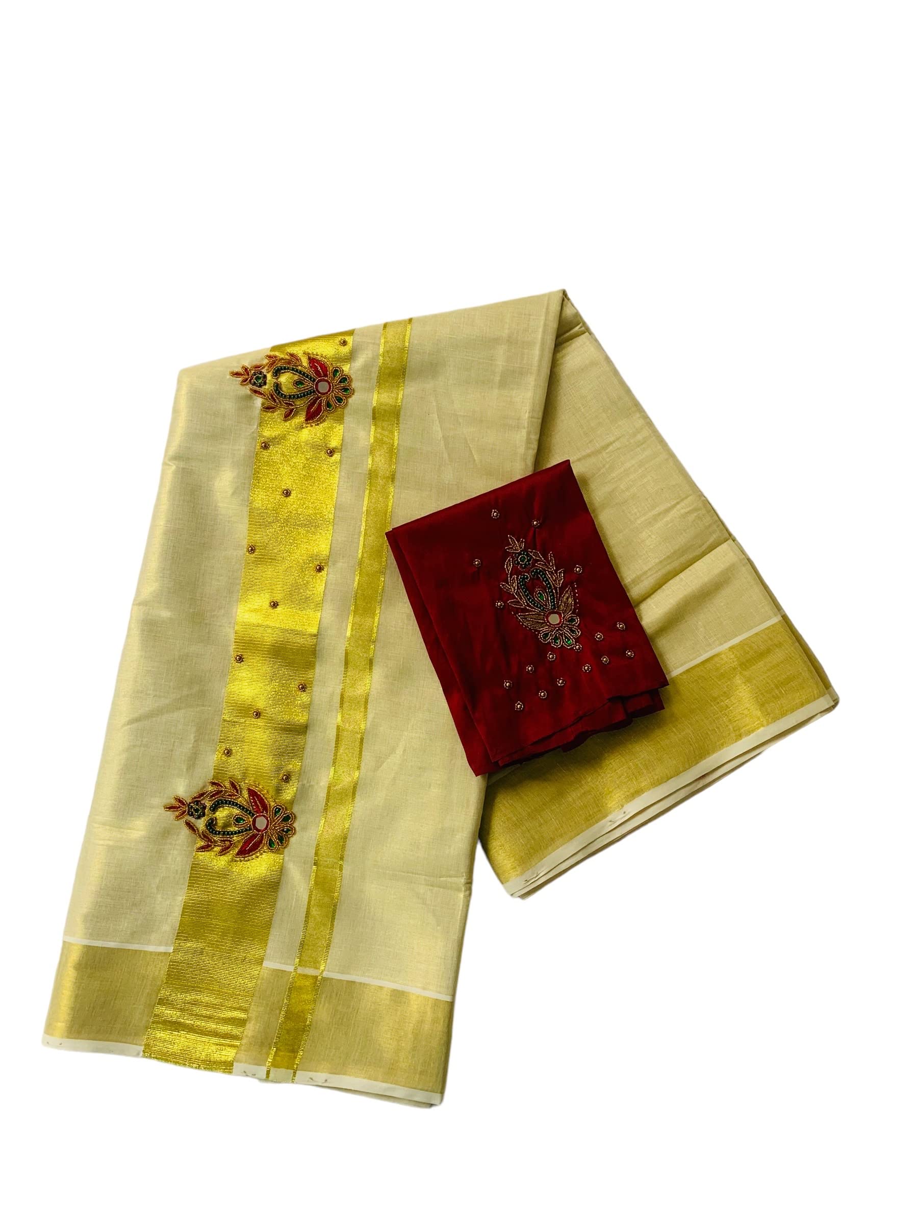 Kuthampully Kerala Kasavu Sarees For Women | Handcrafted Aari work Kerala Sarees | Tissue Onam Saree With Running Blouse | South Indian Sarees | Women's Zari Kasavu | Ekm-510 (Maroon)