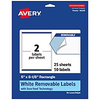 AVERY Matte White Removable Rectangle Labels, Sure Feed Technology, 5" x 8-1/8", Laser/Inkjet Printable