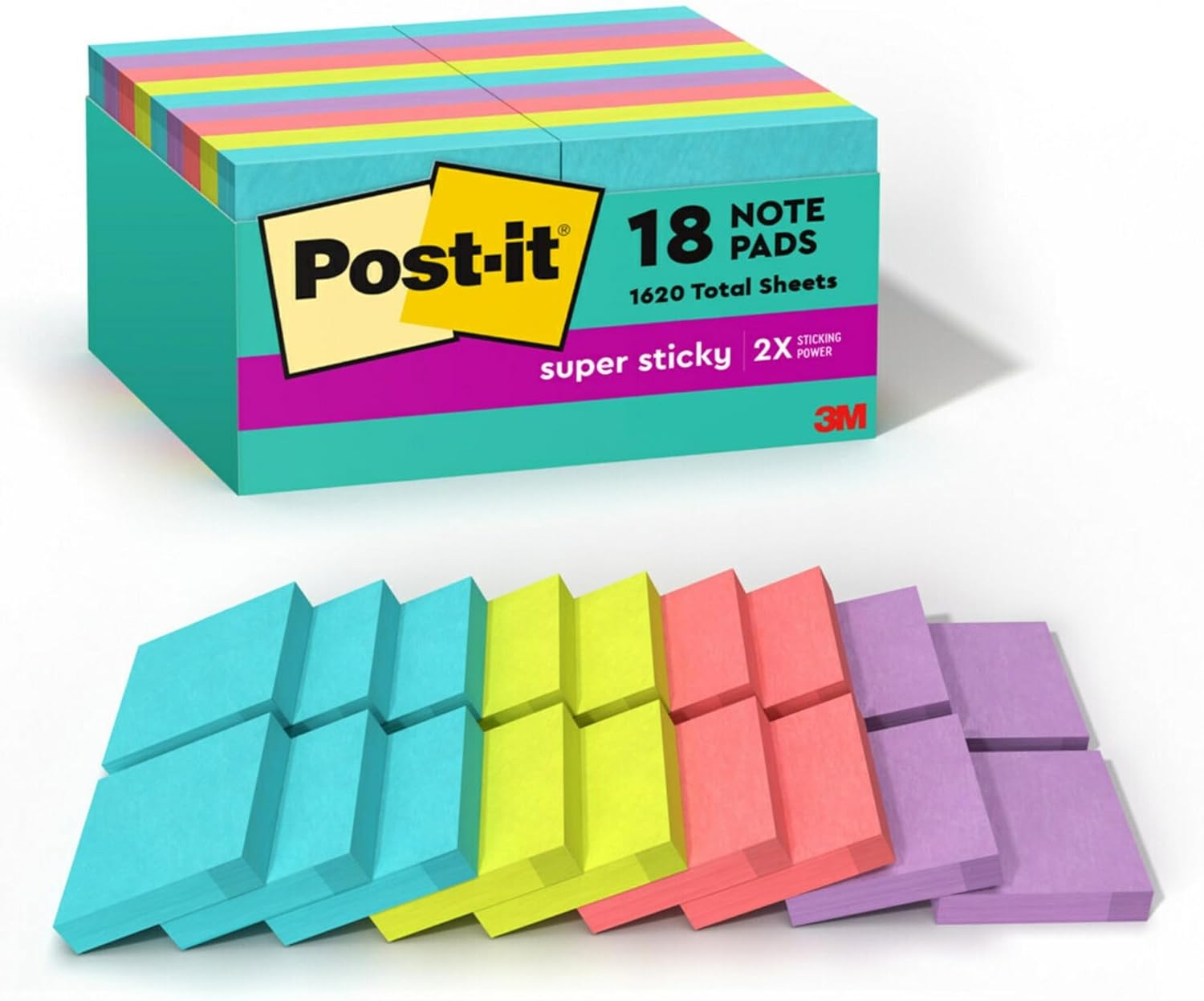Post-it Super Sticky Notes, 18 Pads, 1 7/8 in x 1 7/8 in, 2x the Sticking Power, School Supplies and Office Products