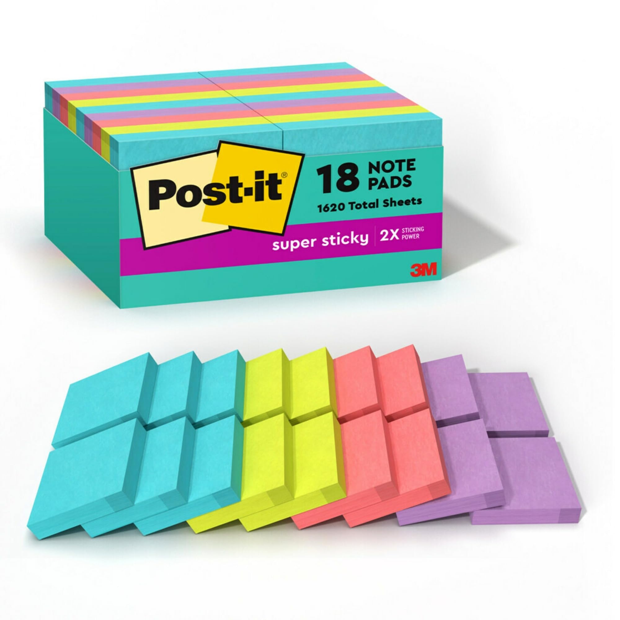 Post-it Super Sticky Notes, 18 Pads, 1 7/8 in x 1 7/8 in, 2x the Sticking Power, School Supplies and Office Products