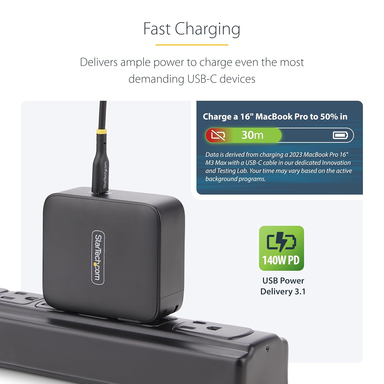 StarTech.com 140W USB-C Wall Charger, USB-IF Certified, Single USB-C, PD 3.1 Portable GaN Charging